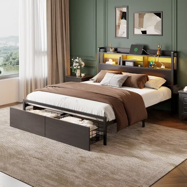 Qwatto Black Metal Queen Bed Frame With 2 Storage Drawers Wood Headboard Shelf LED Lights Charging Station Platform No Box Spring Needed Bedroom USB