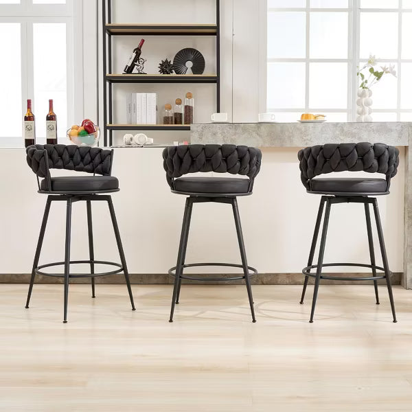 DYHOME 28 inch Bar Stools Set of 3, Modern Counter Height Bar Stools, 360 Swivel Suede Fabric Stool Chairs with Woven Back and Footrest