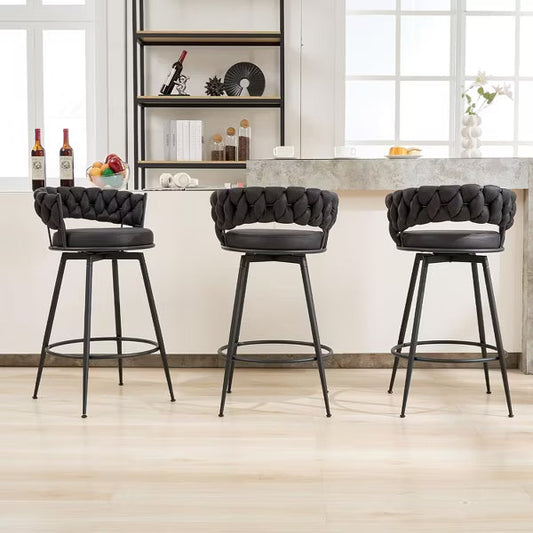 DYHOME 28 inch Bar Stools Set of 3, Modern Counter Height Bar Stools, 360 Swivel Suede Fabric Stool Chairs with Woven Back and Footrest