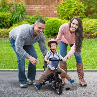 TODECARE 8-in-1 Kids Folding Tricycle with Adjustable Push Handle, Blue