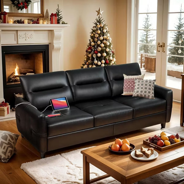 TYBOATLE 85" Faux Leather 3-Seater Sofa with USB Ports, Mid-Century Modern Couch for Living Room, Office, or Apartment – Black