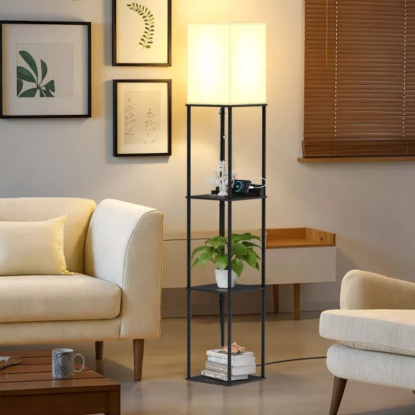 Napei 62-in Shelf Floor Lamp with Fabric Shade & 2 USB-Black