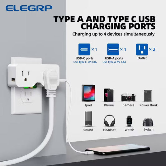 ELEGRP USB Wall Outlet Extender, with USB C & USB A Ports (4.2A in Total),2 Prong to 3 Prong Grounding Adapter Plug, 125V, White, 1 Pack