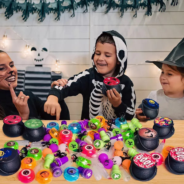 Fun Little Toys 144pcs Prefilled Cauldrons with Halloween Toy Witch Fingers Rings Stickers Stamps Bouncy Balls, Bulk Mini Cauldrons Gifts