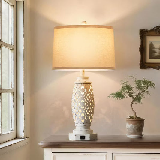 GTCLIGHTING 28.5'' Farmhouse Table Lamp for Living Room Bedroom, Nightstand Desk Lamp with 2 USB Ports , White Hollow Out Resin Lamp