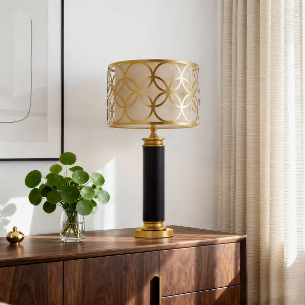 GTCLIGHTING 32.3" Faux Leather Table Lamps for Living Room,Black Gold Modern Nightstand Lamps with Metal hollow lampshade for Bedroom Bedside