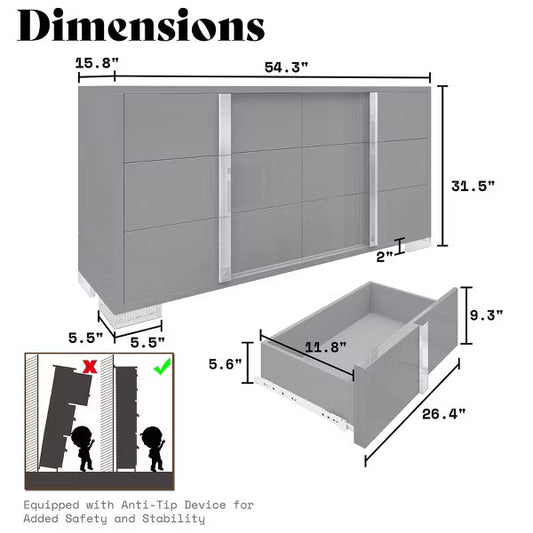 AMERLIFE 54" W High Gloss 6 Drawers Dressers with Silver Grooved Handles