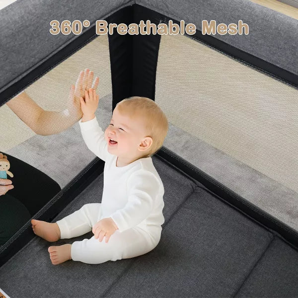 Kinder King 4-in-1 Convertible Baby Playard with Bassinet, Diaper Changer, Cradle&Bedside Sleeper, Breathable Mesh, Storage Organizer&Lockable Wheels