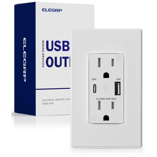 ELEGRP USB Outlet Receptacles, 20W 15 Amp USB Wall Outlet with Type A and Type C USB Ports Supports Power Delivery, Wall Plate included, UL Listed