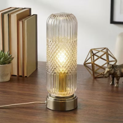 Touch Dimmable Ribbed Glass Table Lamp with Bronze Base and Braided Cord-Clear