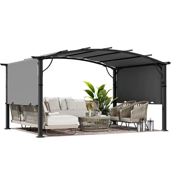 HAPPATIO Outdoor Arched Aluminum Retractable Pergola with Canopy Fixed in Various Positions