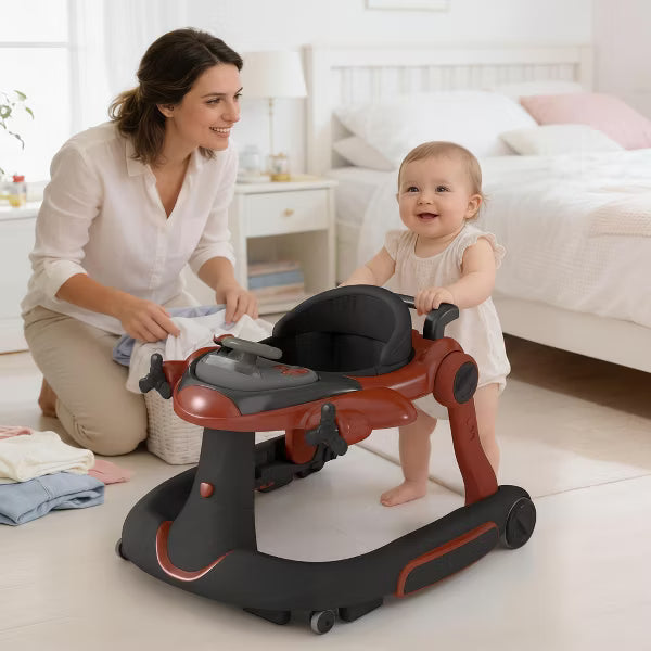 TODECARE 6-in-1 Baby Walker with Adjustable Height, Foldable Design & Speed-Control Wheels, Easy-Clean Seat, Red