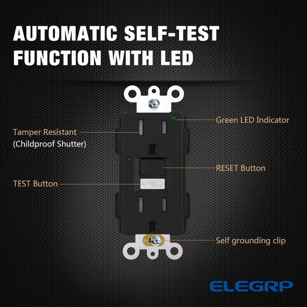 ELEGRP Black 20 Amp 125V Tamper Resistant Duplex Self-Test GFCI Outlet with Night Light, with Wall Plate