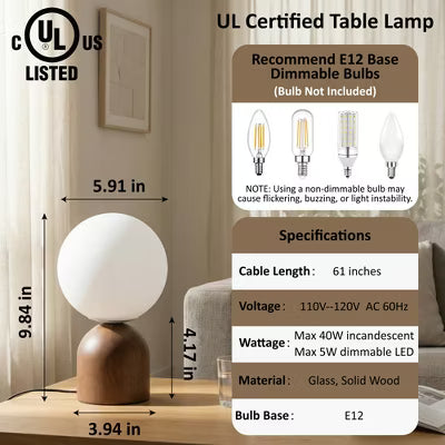 Opal Glass Globe Table Lamp with Wood Base and Dimmer Switch,Walnut