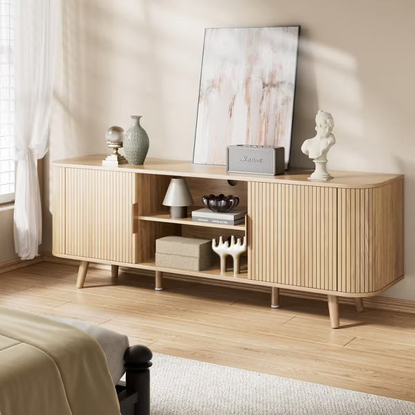 Qwatto Walnut Entertainment Center for TVs up to 65 Inch Mid Century TV Console with Slatted Doors Large Storage Shelves Modern Wood Media Stand