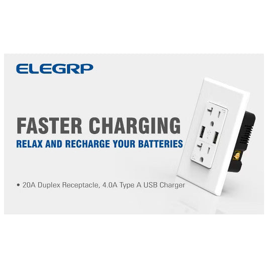 ELEGRP USB Outlet Receptacle, 20W 4.0 Amp USB Wall Outlet, 20 Amp Tamper-Resistant Electrical Outlet with Type A port, UL Listed, Wall Plate Included