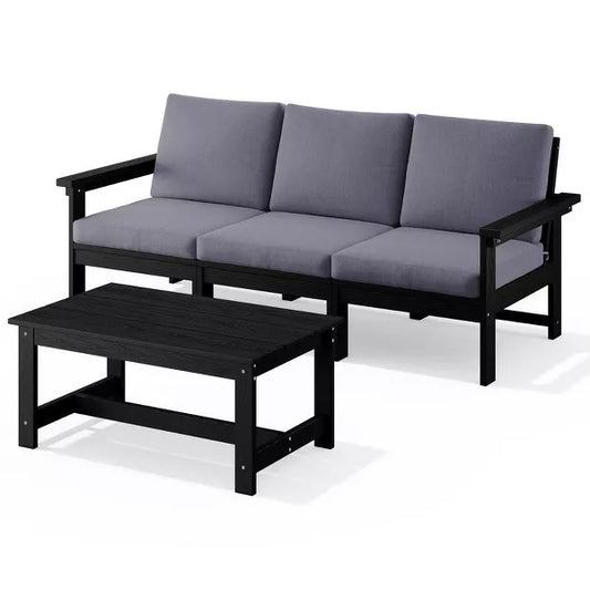Hyleory Modern HDPE 3-Seater Sofa Set with Removable Soft Cushions and Wide Slat Coffee Table - Durable Weather-Resistant Easy-Clean Design
