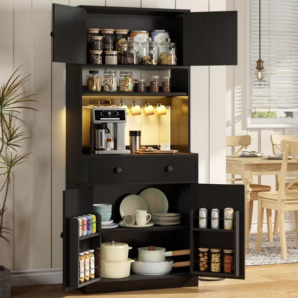Qwatto 71'' Black Kitchen Pantry Storage Cabinet Farmhouse Freestanding Microwave Stand with Hutch Doors and Drawers for Dining Room and Coffee Bar
