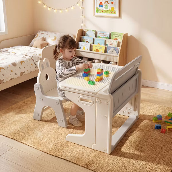 Kinder King Kids Foldable Desk & Chair Set, 2-in-1 Drawing and Building Block Activity Table with Storage, Gray