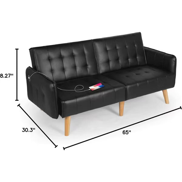 TYBOATLE 65" Convertible Faux Leather Futon Sofa Bed, Modern Upholstered Couch with USB, Folding Loveseat for Small Space, Apartment, Black