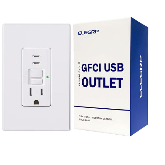 ELEGRP GFCI Outlet & USB Charger 24W combo Receptacle, 2-Type C, 15A Tamper Resistant Self-Test,w/Screwless Wall Plate, UL & CUL Listed, White,1 PC
