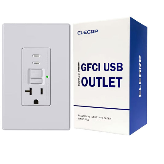 ELEGRP 20 Amp GFCI Outlet & 24W In-Wall USB Charger combo Receptacle 2-Type C, w/Midsize Screwless Wall Plate, UL & CUL Listed, White, 1 pack