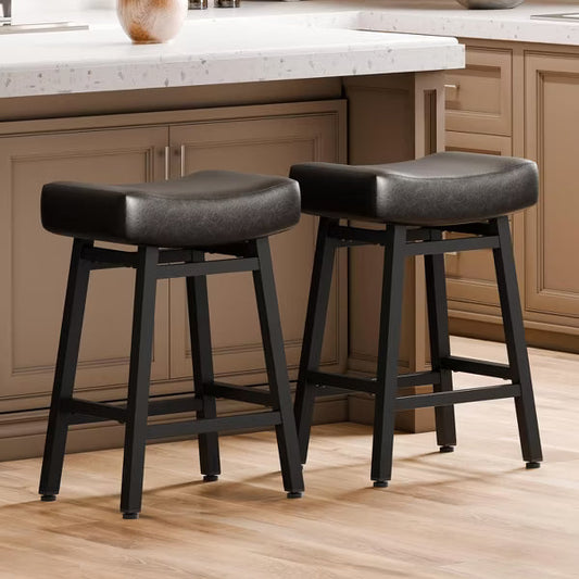 DYHOME 24 Inches Bar Stools, Saddle Kitchen Stools with PU Leather Cushion Counter Height Barstools, Set of 2