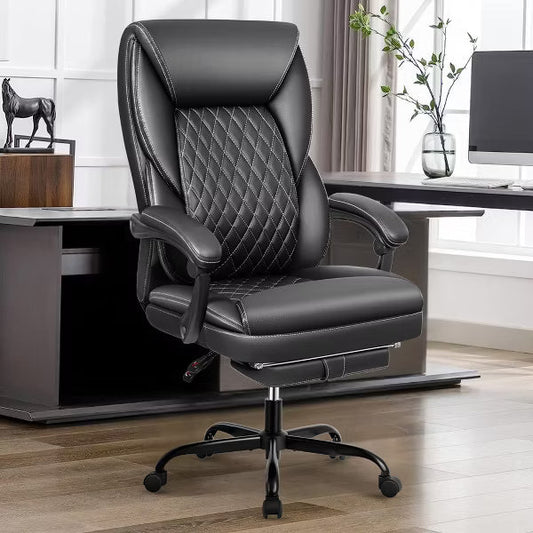 KERDOM Leather Office Chair, Big and Tall Home Office Desk Chairs with Adjustable Padded Headrest Armrest, Black