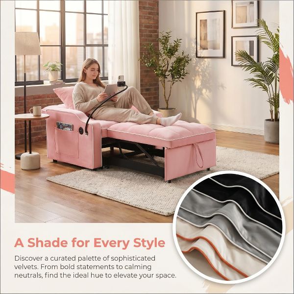 3-in-1 Convertible Sleeper Single Sofa Bed Accent chair with Adjustable Recliner Backrest, Phone Holder & USB/Type-C Ports for Living Room&Bedroom