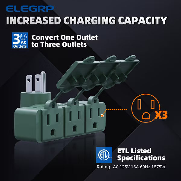 ELEGRP 3 Prong Weatherproof 3-Outlet Extender Adapter, Heavy Duty Triple Grounding Outlet Power Extender with Dust proof Cover, ETL Listed, Green 2PC
