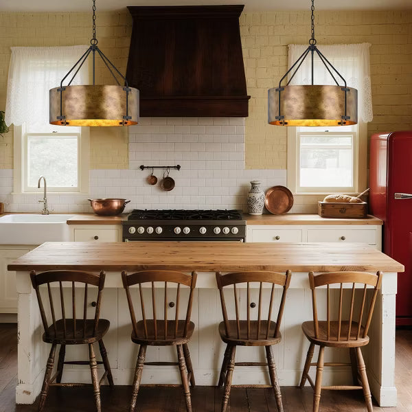 GTCLIGHTING Vintage Metal Drum Chandelier, 4-Light E27 Industrial Adjustable Chain Hanging Pendant Light Fixtures for Foyer Entryway Kitchen