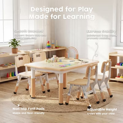TODECARE Kids Table and 4 Chair Set with Height Adjustable Table & Chairs, and Safe Design, Perfect for Play, Study, and Dining, Beige