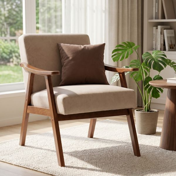Mid-Century Modern Accent Chair – Plush Upholstered Lounge Chair with Wooden Frame for Living Room, Bedroom, Office, Cozy Seating