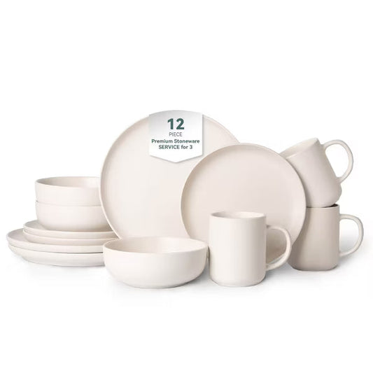 12-Piece Stoneware Dinnerware Sets with Mugs, Microwave & Dishwasher Safe, Non-Toxic Dinner Plates Bowls Set, Stackable Matte Glaze Kitchenware for 3