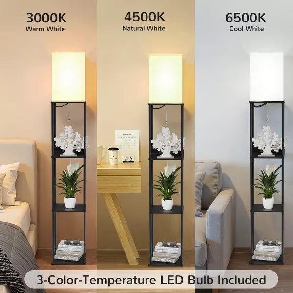 Napei 62-in Shelf Floor Lamp with Fabric Shade & 2 USB-Black