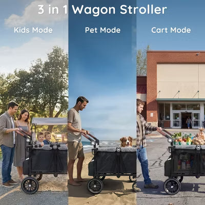 TODECARE 4-Seat Foldable Wagon Stroller with Harnesses, Adjustable Double Push Handle, Canopy, Snack Tray & Storage Bag, Black & Gray