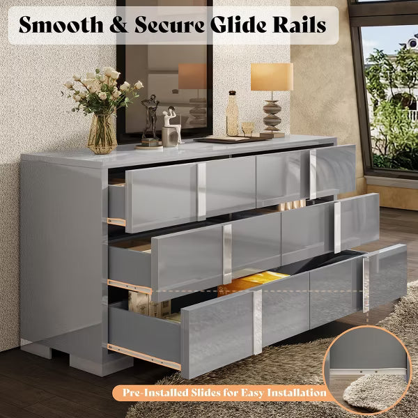 AMERLIFE 54" W High Gloss 6 Drawers Dressers with Silver Grooved Handles