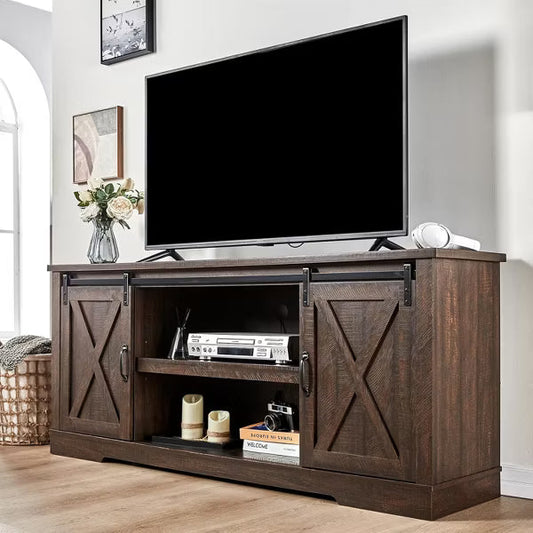 AMERLIFE 66" Farmhouse TV Stand for 75 Inches TVs, Entertainment Center with Sliding Barn Door