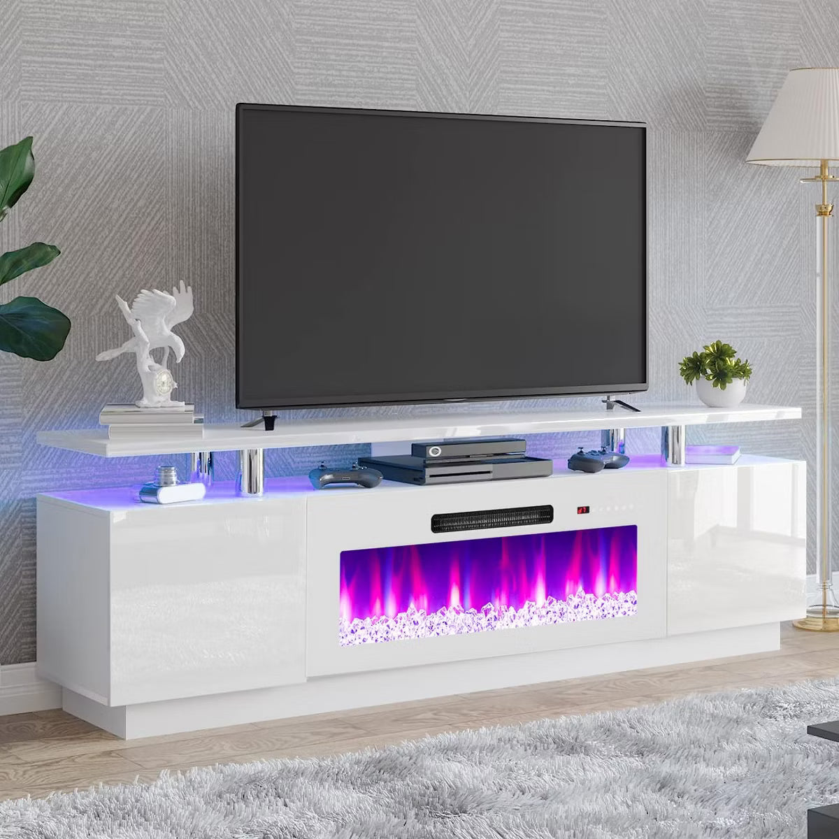 AMERLIFE Fireplace TV Stand, High Gloss LED Entertainment Center