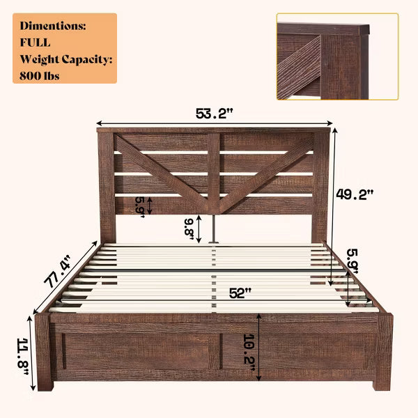 AMERLIFE Farmhouse Bed Frame with 49.2" Barn Door Headboard
