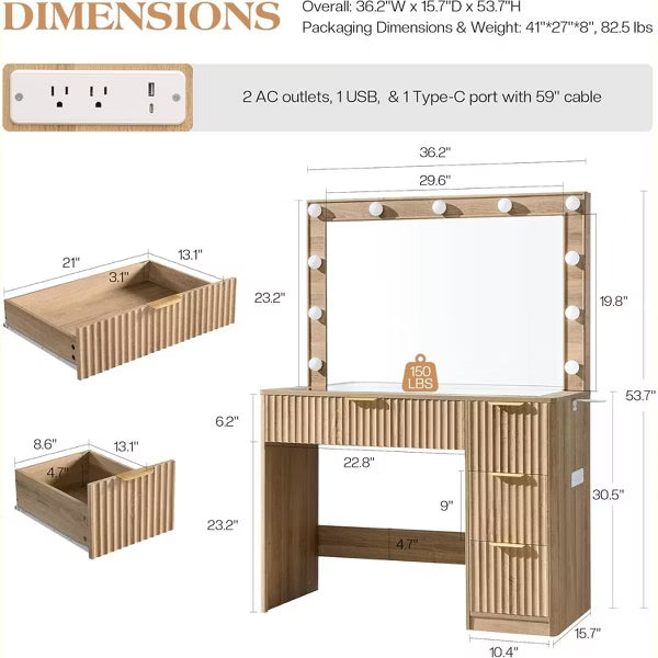 AMERLIFE Makeup Vanity Desk with Mirror & LED Lights, Drawers, Tempered Glass Top, Charging Station, Modern Bedroom Dressing Table
