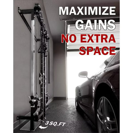 ER KANG Folding Squat Rack, Wall Mounted Power Rack with Cable Crossover Machine&LAT Pull Down, Functional Trainer with 5 Function Modes