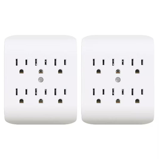 ELEGRP 6 Outlet Extender with Central Anchor, 3 Prong Grounded Wall Tab, Multiple Outlet Extender with 6 Electrical Outlets, ETL Listed, White 2 Pack