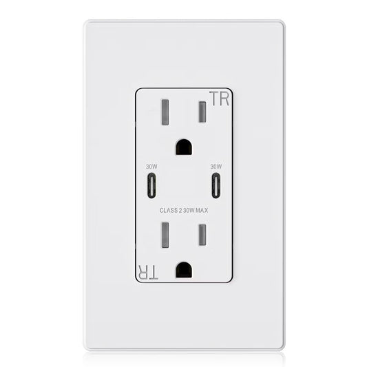 ELEGRP 30W USB Outlets Receptacles, 15 Amp Outlet with Dual USB C Ports for Support Fast Charge Protocols,w/Wall Plate, UL Listed,White,1 Pack