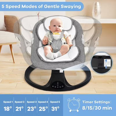 Kmaier Baby Electric Swing, Baby Rocker, 5 Speed And 10 Lullabies, Newborn Swing,Adapter And Battery PoweredRemote Control-Grey.