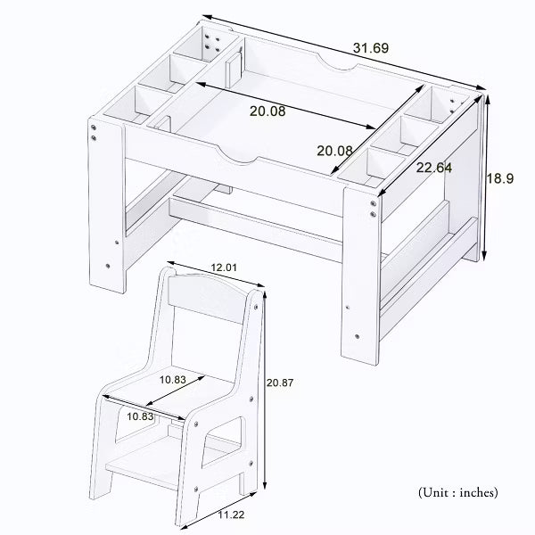 JVNOXK-Kids2in1Play Table Chair Set, LEGO-Compatible Drawing Table with7 Storage Compartments, Includes 2 Chairs,Multifunctional Learning Desk-White