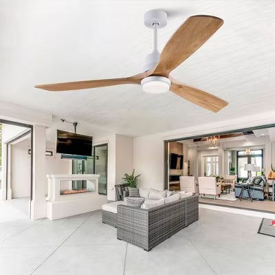 60 Inch Solid Wood Ceiling Fan With Remote And LED Light, Modern Farmhouse Ceiling Fan With Reversible DC Motor For Indoor Or Outdoor Use