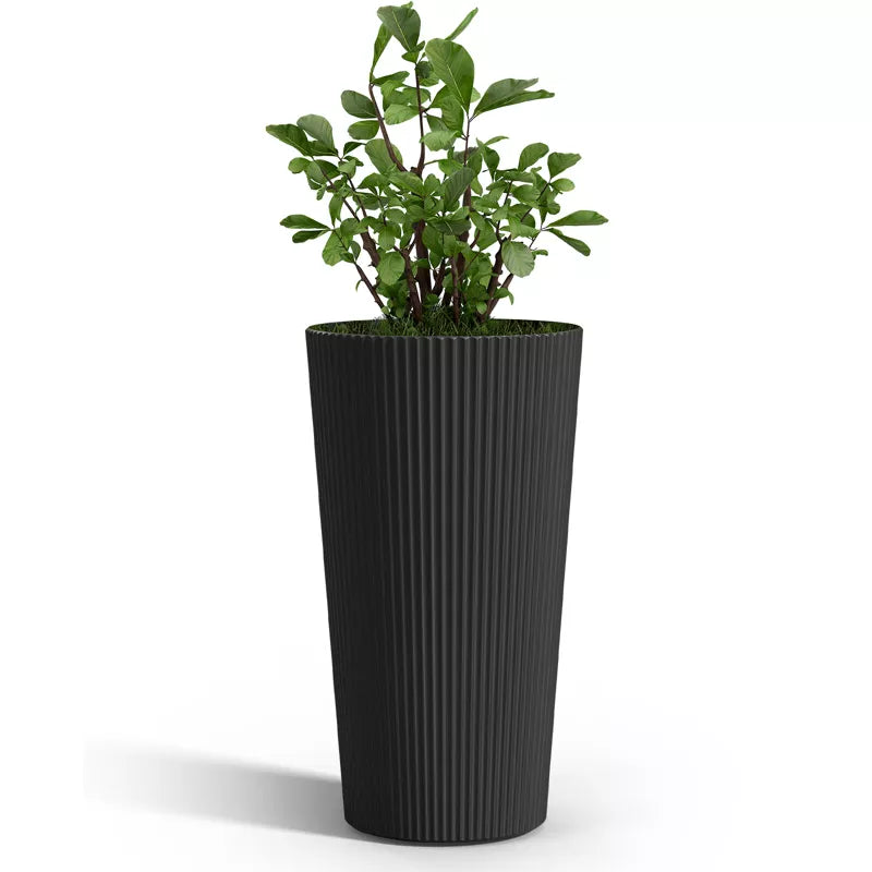 Maggift Planters Tall Planters, 2PCS Indoor Planter Pot Outdoor, Large Flower Pot Cone Striped Plastic Flower Pot , Black 13"*13"*23.6"