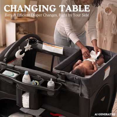 TODECARE 5-in-1 Baby Playard with Bassinet, Bedside Sleeper, Changing Table, Canopy & Side Zipper, Portable Baby Playard