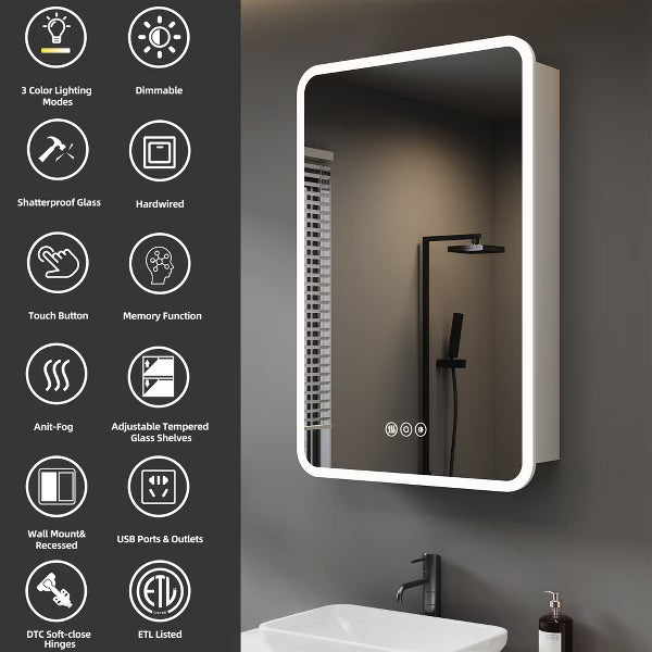 Modern LED Mirror Medicine Cabinet for Bathroom, Surface or Recessed Mount, Dimmable Lighting, Anti-Fog Technology, Adjustable Shelves,ETL Certified